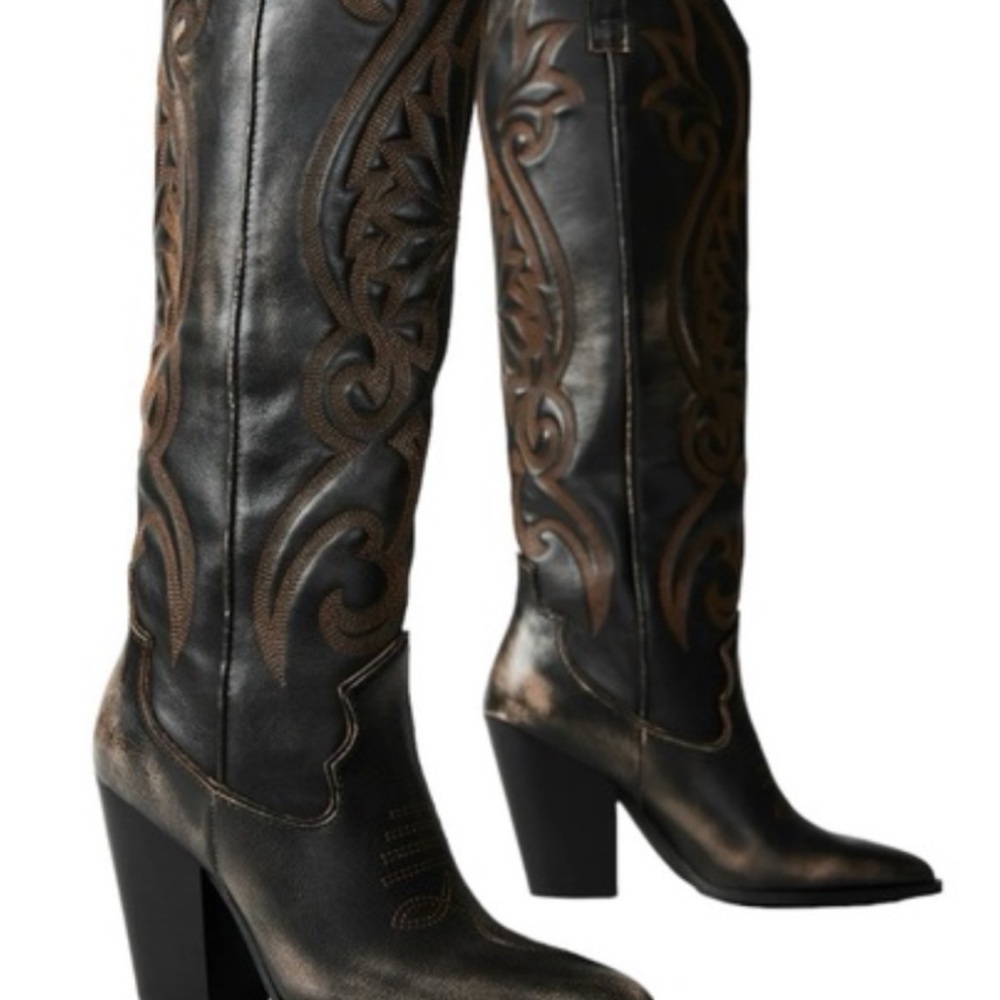 Steve Madden Black and Brown Embroidered Heeled Boots